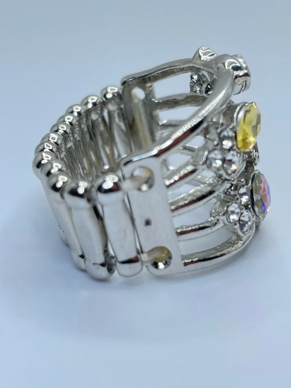 Silver Tone Multicolor Crystal Stretch Ring AB Yellow White Statement